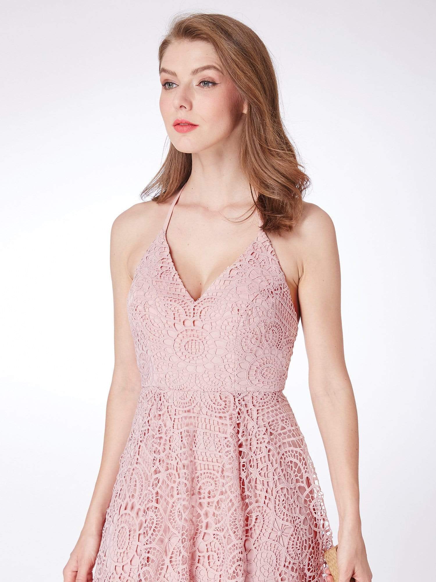 Color=Pink | Short Halter Lace Summer Dress-Pink 8 Color=Pink | Short Halter Lace Summer Dress-Pink 8