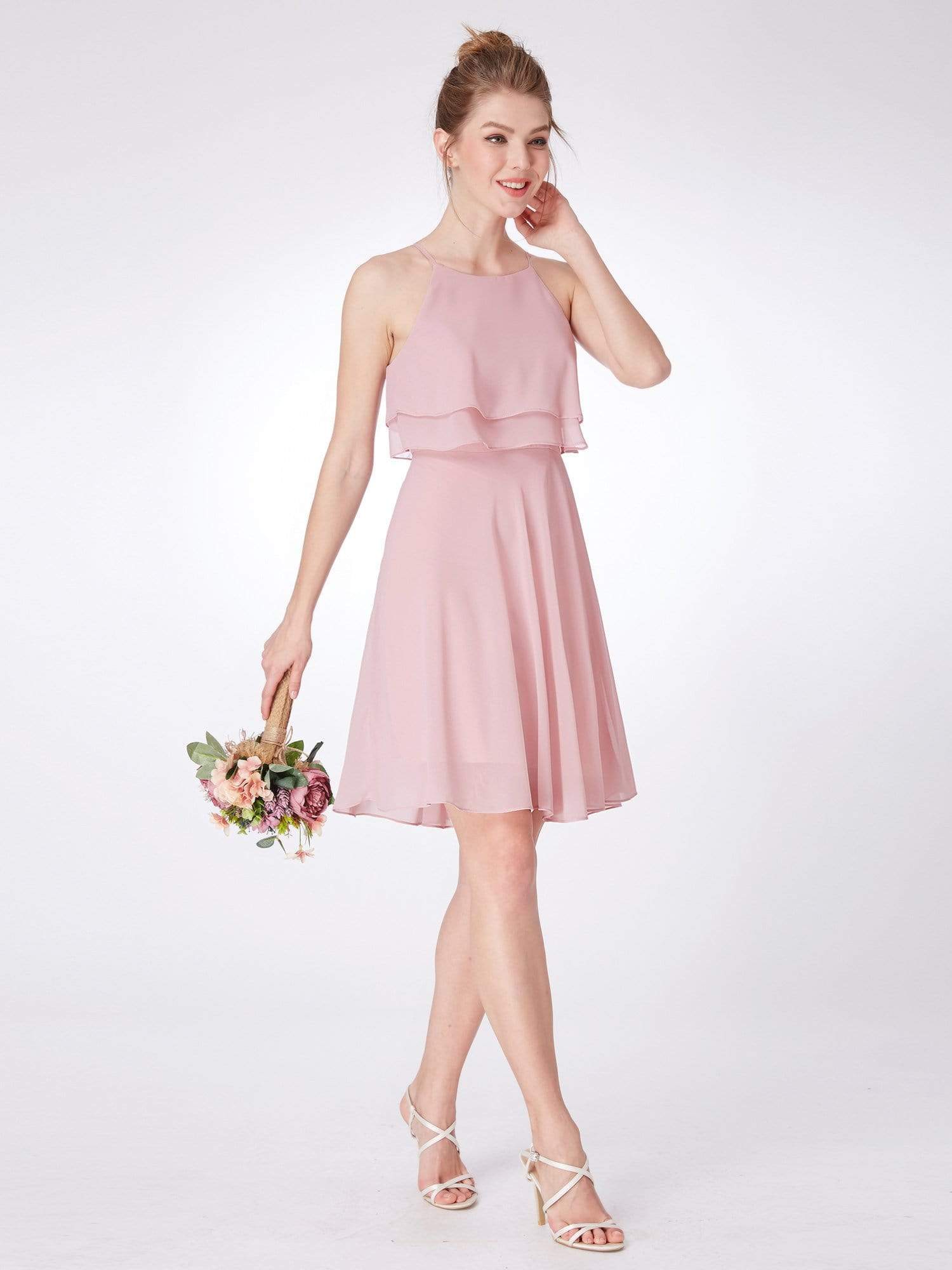 Color=Mauve | Short Flowy Bridesmaid Dress With Halter Neckline-Mauve 5 Color=Mauve | Short Flowy Bridesmaid Dress With Halter Neckline-Mauve 5