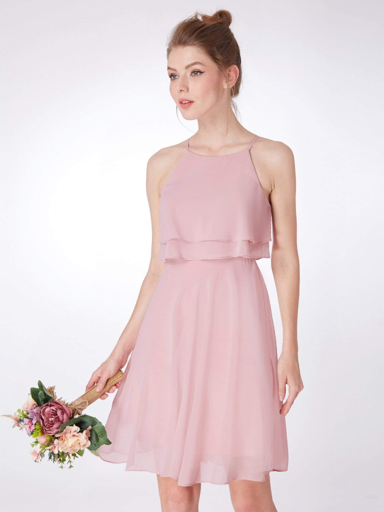 Color=Mauve | Short Flowy Bridesmaid Dress With Halter Neckline-Mauve 6 Color=Mauve | Short Flowy Bridesmaid Dress With Halter Neckline-Mauve 6