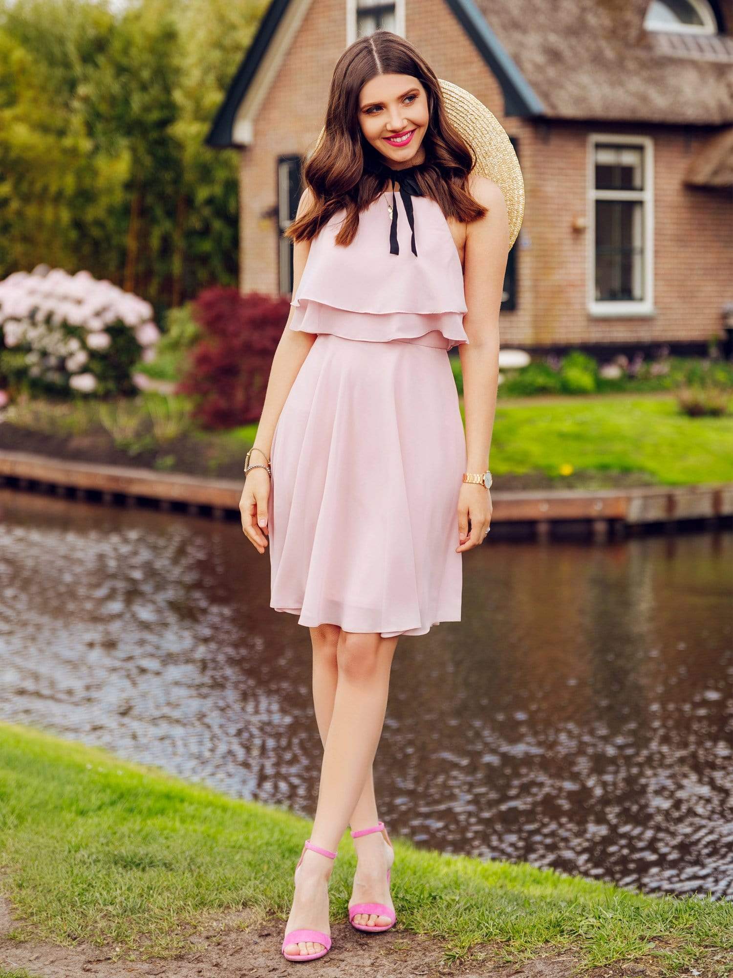 Color=Mauve | Short Flowy Bridesmaid Dress With Halter Neckline-Mauve 2 Color=Mauve | Short Flowy Bridesmaid Dress With Halter Neckline-Mauve 2