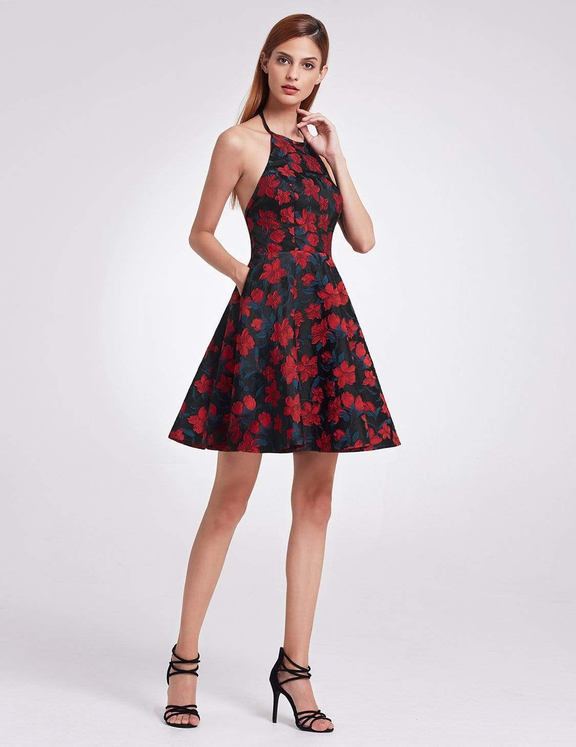 Color=Navy and Red | Halter Fit And Flare Party Dress-Navy And Red 4 Color=Navy and Red | Halter Fit And Flare Party Dress-Navy And Red 4