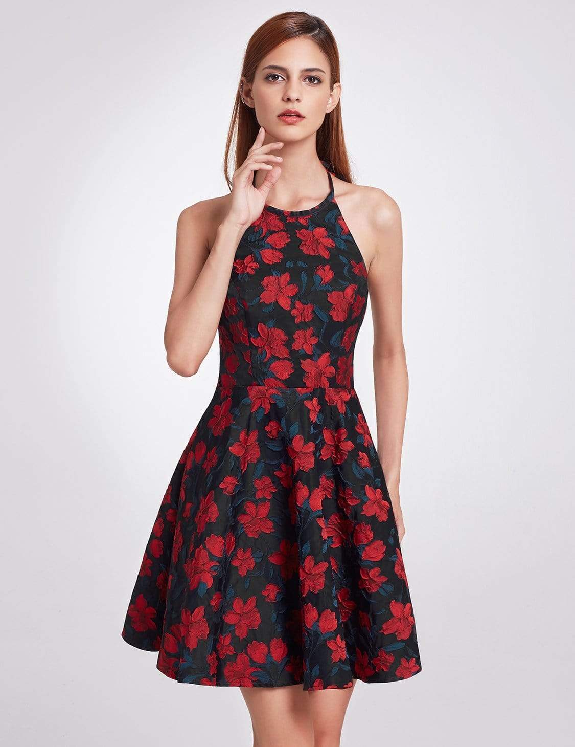 Color=Navy and Red | Halter Fit And Flare Party Dress-Navy And Red 5 Color=Navy and Red | Halter Fit And Flare Party Dress-Navy And Red 5