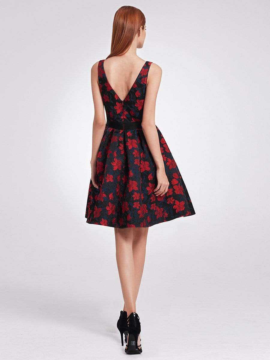 Color=Navy and Red | V Neck Fit And Flare Party Dress-Navy And Red 6 Color=Navy and Red | V Neck Fit And Flare Party Dress-Navy And Red 6