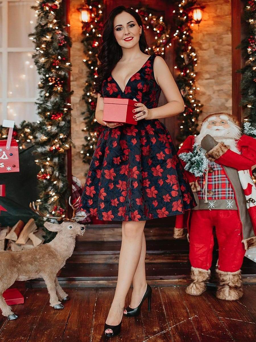 Color=Navy and Red | V Neck Fit And Flare Party Dress-Navy And Red 3 Color=Navy and Red | V Neck Fit And Flare Party Dress-Navy And Red 3