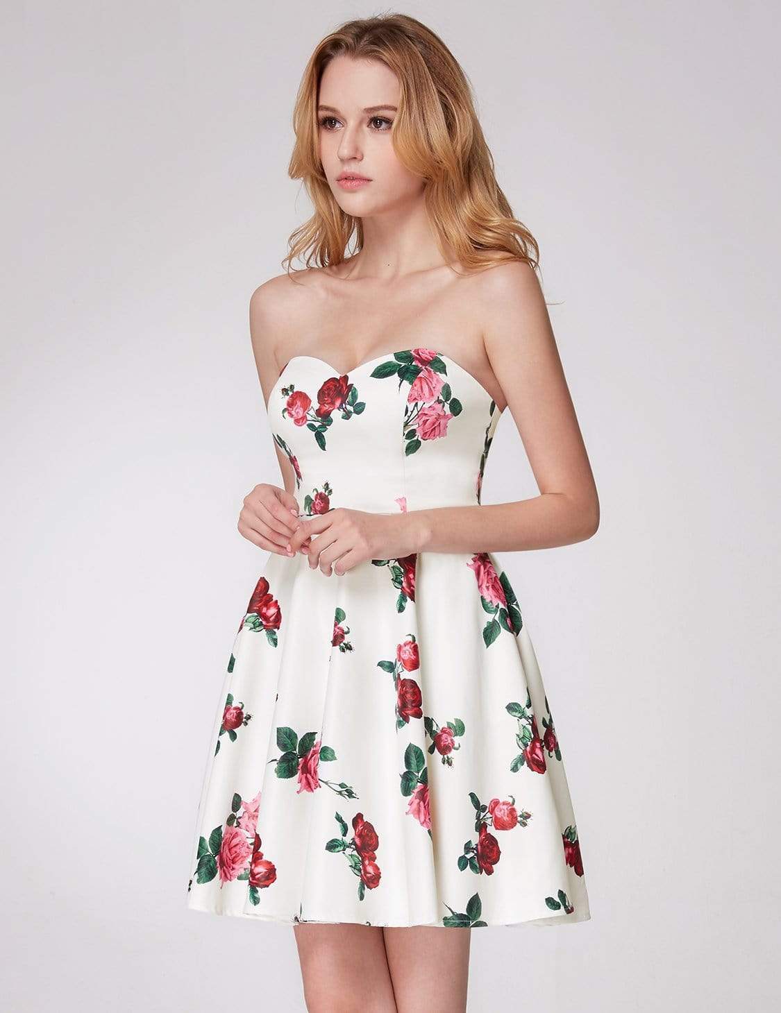 Color=White | Strapless Rose Print Party Dress-White 4 Color=White | Strapless Rose Print Party Dress-White 4