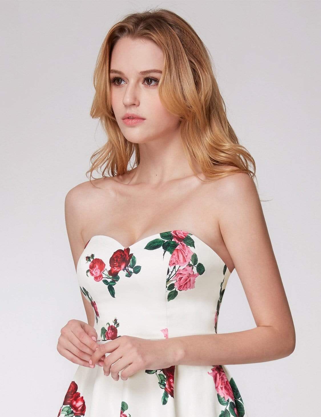 Color=White | Strapless Rose Print Party Dress-White 6 Color=White | Strapless Rose Print Party Dress-White 6