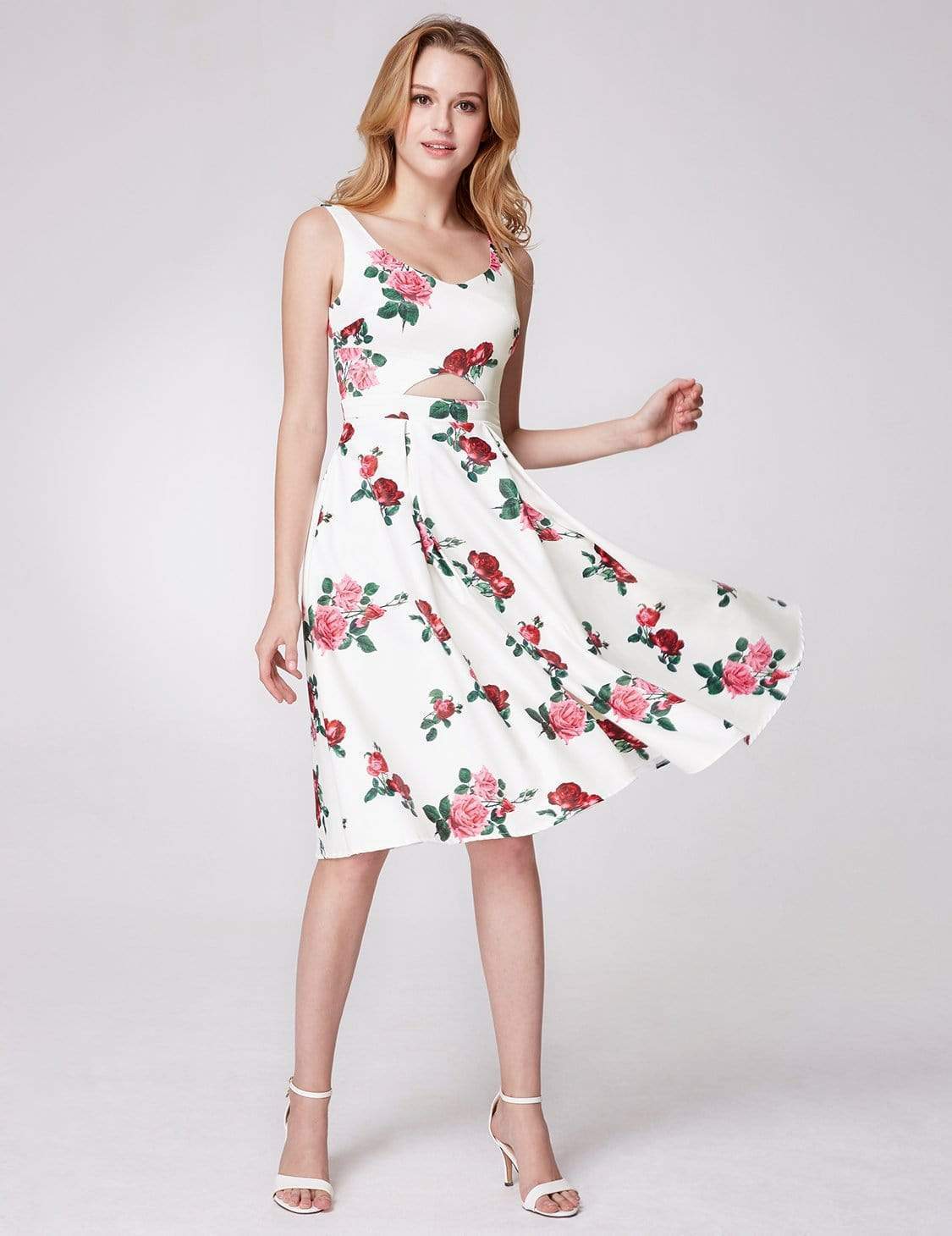 Color=White | Knee Length Rose Print Party Dress-White 5 Color=White | Knee Length Rose Print Party Dress-White 5