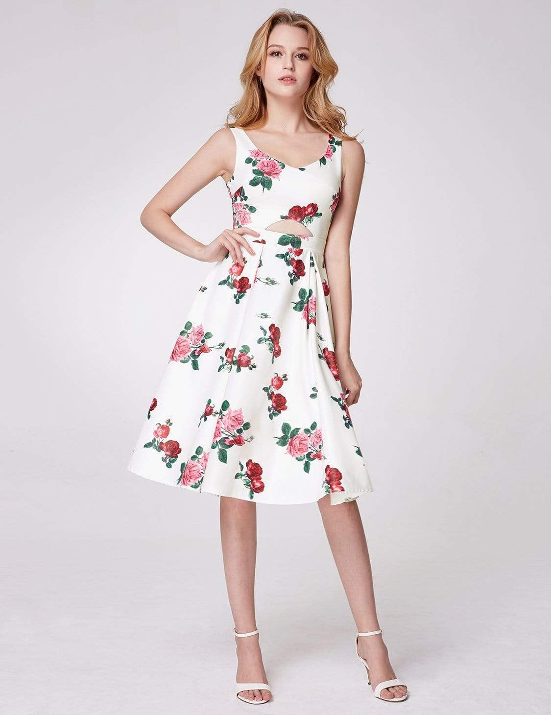 Color=White | Knee Length Rose Print Party Dress-White 1 Color=White | Knee Length Rose Print Party Dress-White 1