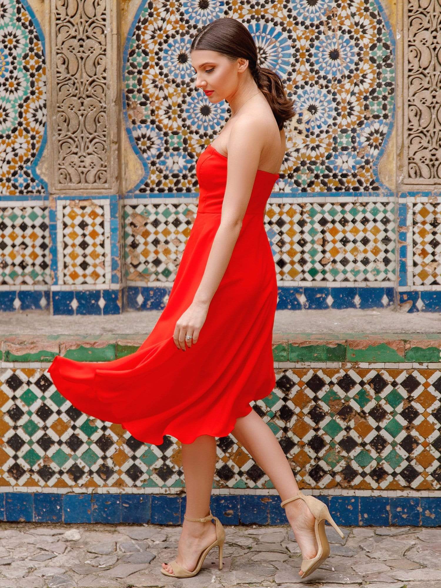 Color=Orange | Strapless A Line Party Dress-Orange 11 Color=Orange | Strapless A Line Party Dress-Orange 11