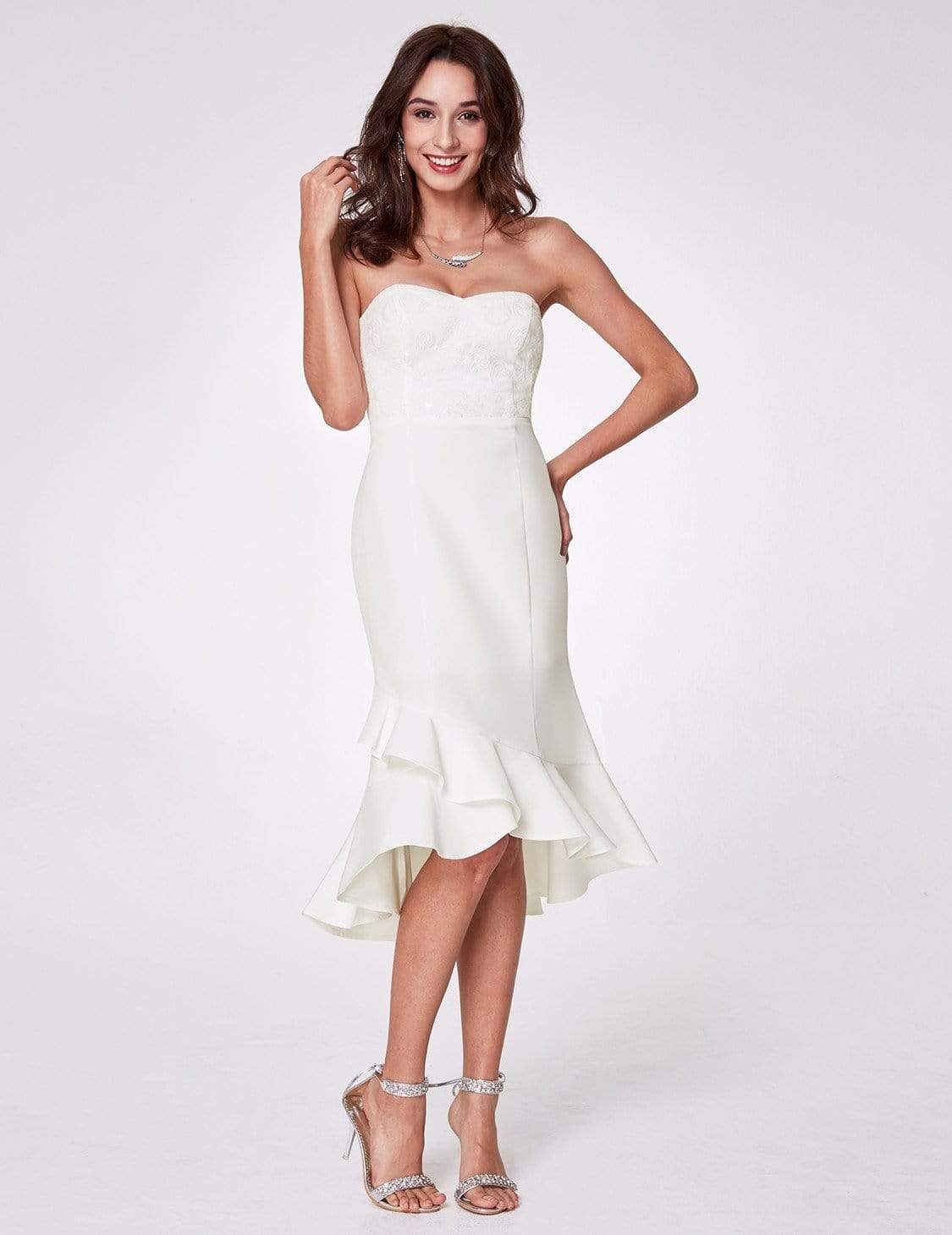 Color=White | Strapless High Low Cocktail Dress-White 6 Color=White | Strapless High Low Cocktail Dress-White 6