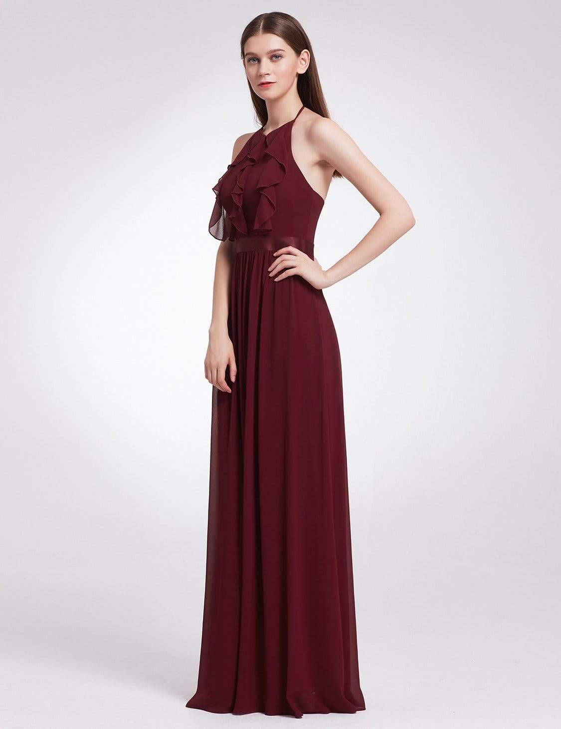 Color=Burgundy | Sleeveless Long Halter Neck Bridesmaid Dress-Burgundy 3 Color=Burgundy | Sleeveless Long Halter Neck Bridesmaid Dress-Burgundy 3