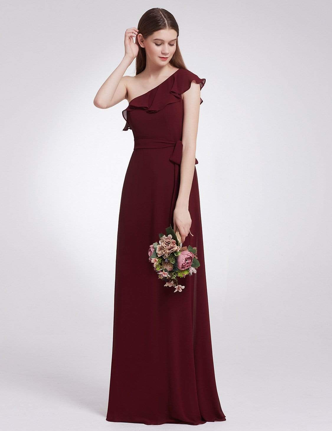 Color=Burgundy | One Shoulder Ruffles Long Bridesmaid Dress-Burgundy 4 Color=Burgundy | One Shoulder Ruffles Long Bridesmaid Dress-Burgundy 4