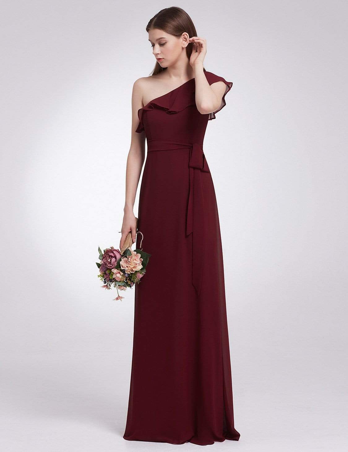 Color=Burgundy | One Shoulder Ruffles Long Bridesmaid Dress-Burgundy 5 Color=Burgundy | One Shoulder Ruffles Long Bridesmaid Dress-Burgundy 5