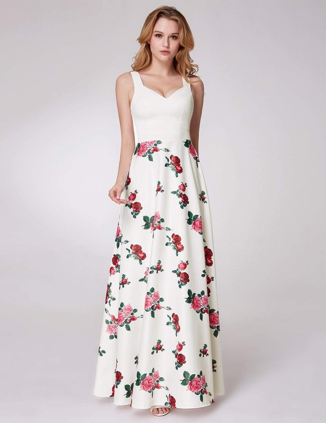 Color=White | Long Rose Print Prom Dress-White 1 Color=White | Long Rose Print Prom Dress-White 1