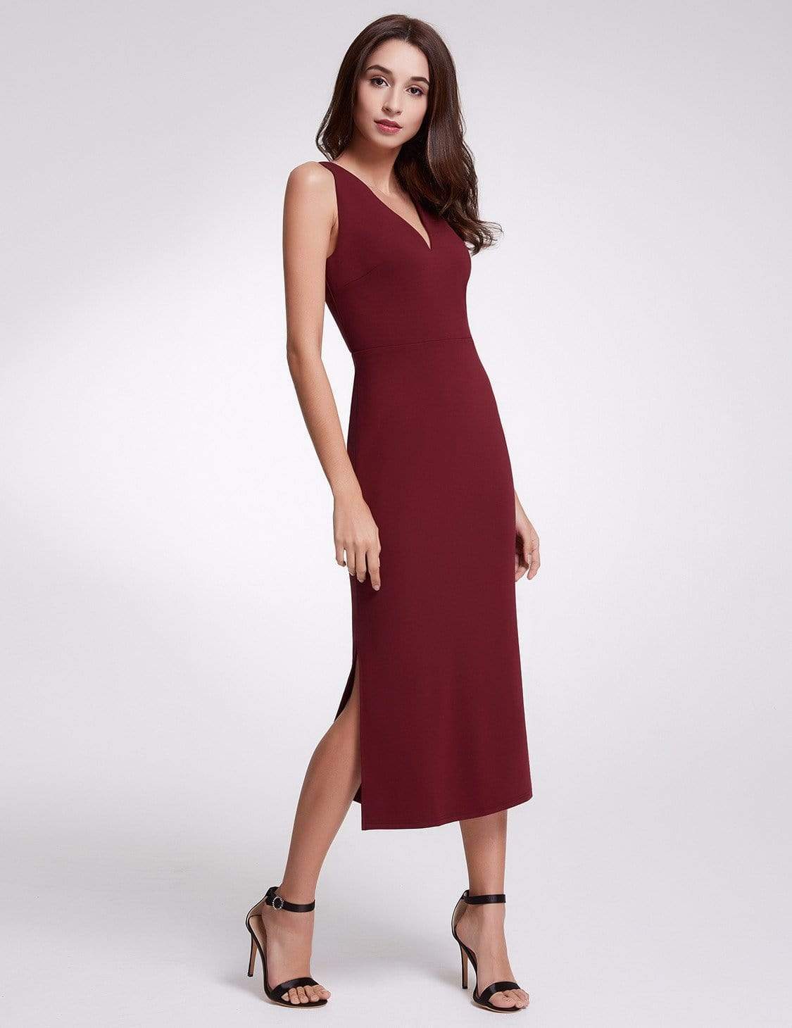 Color=Burgundy | Sexy Fitted Midi Dress With Open Back-Burgundy 3 Color=Burgundy | Sexy Fitted Midi Dress With Open Back-Burgundy 3