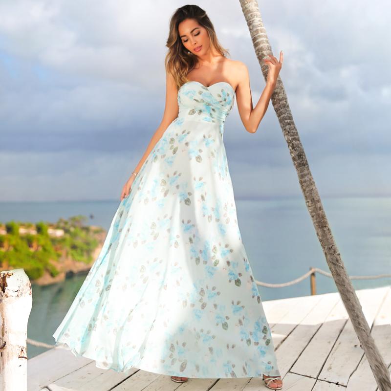 COLOR=Sky Blue | Strapless Long Floral Print Maxi Dress-Sky Blue 1 COLOR=Sky Blue | Strapless Long Floral Print Maxi Dress-Sky Blue 1
