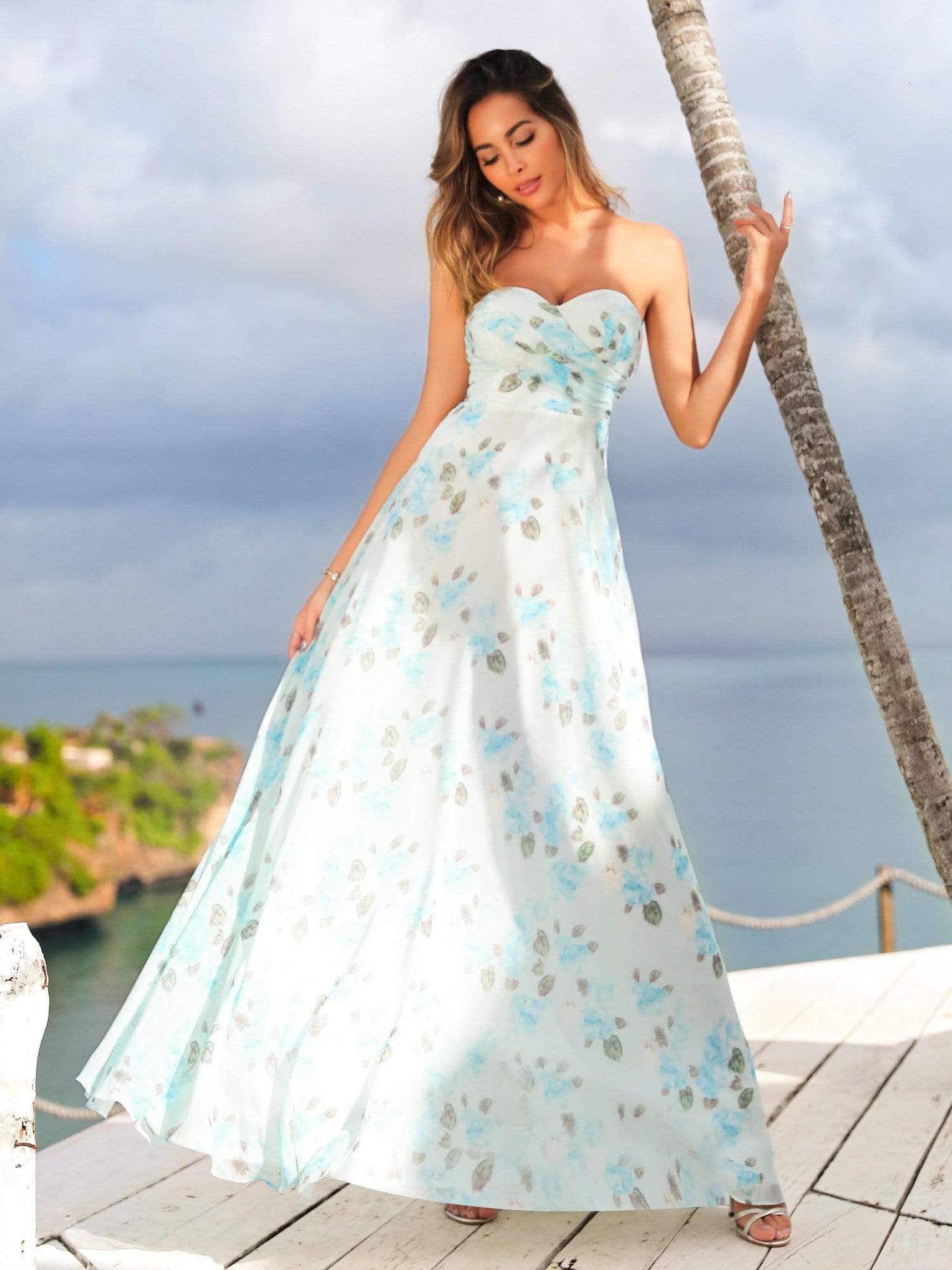 COLOR=Sky Blue | Strapless Long Floral Print Maxi Dress-Sky Blue 4 COLOR=Sky Blue | Strapless Long Floral Print Maxi Dress-Sky Blue 4