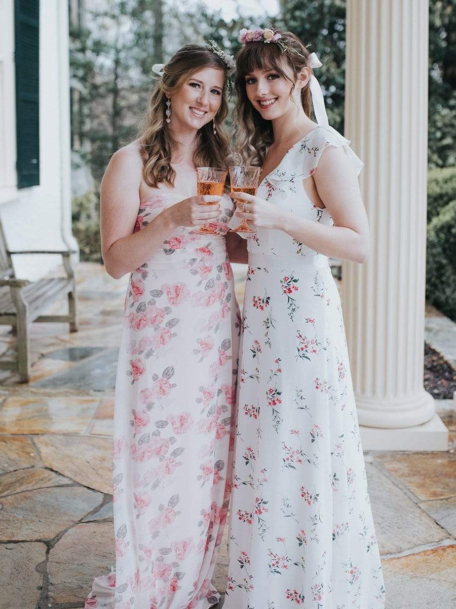 COLOR=Pink | Strapless Long Floral Print Maxi Dress-Pink 14 COLOR=Pink | Strapless Long Floral Print Maxi Dress-Pink 14