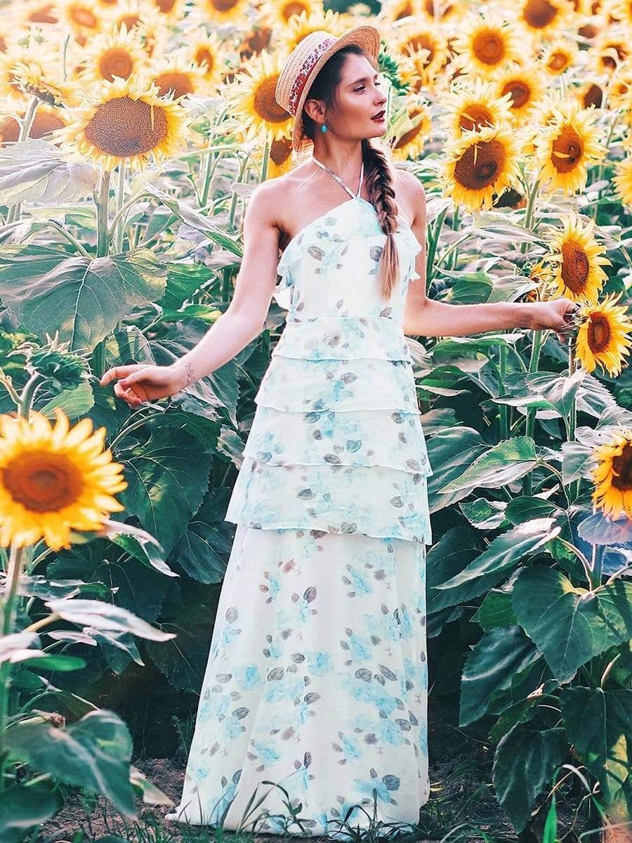 COLOR=Sky Blue | Floral Print Halter Maxi Dress-Sky Blue 1 COLOR=Sky Blue | Floral Print Halter Maxi Dress-Sky Blue 1