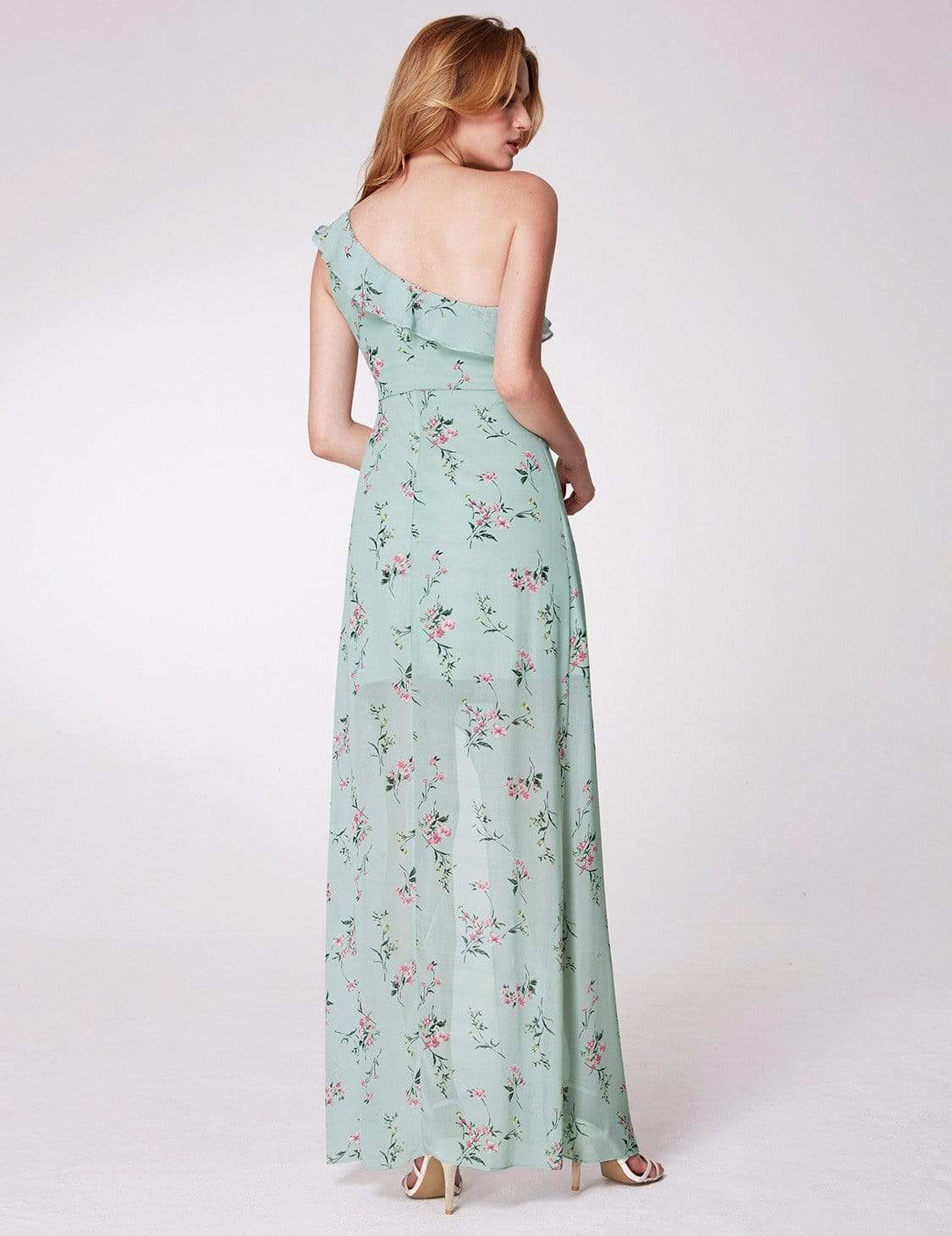 Color=Mint Green | One Shoulder Floral Print High Low Dress-Mint Green 4 Color=Mint Green | One Shoulder Floral Print High Low Dress-Mint Green 4