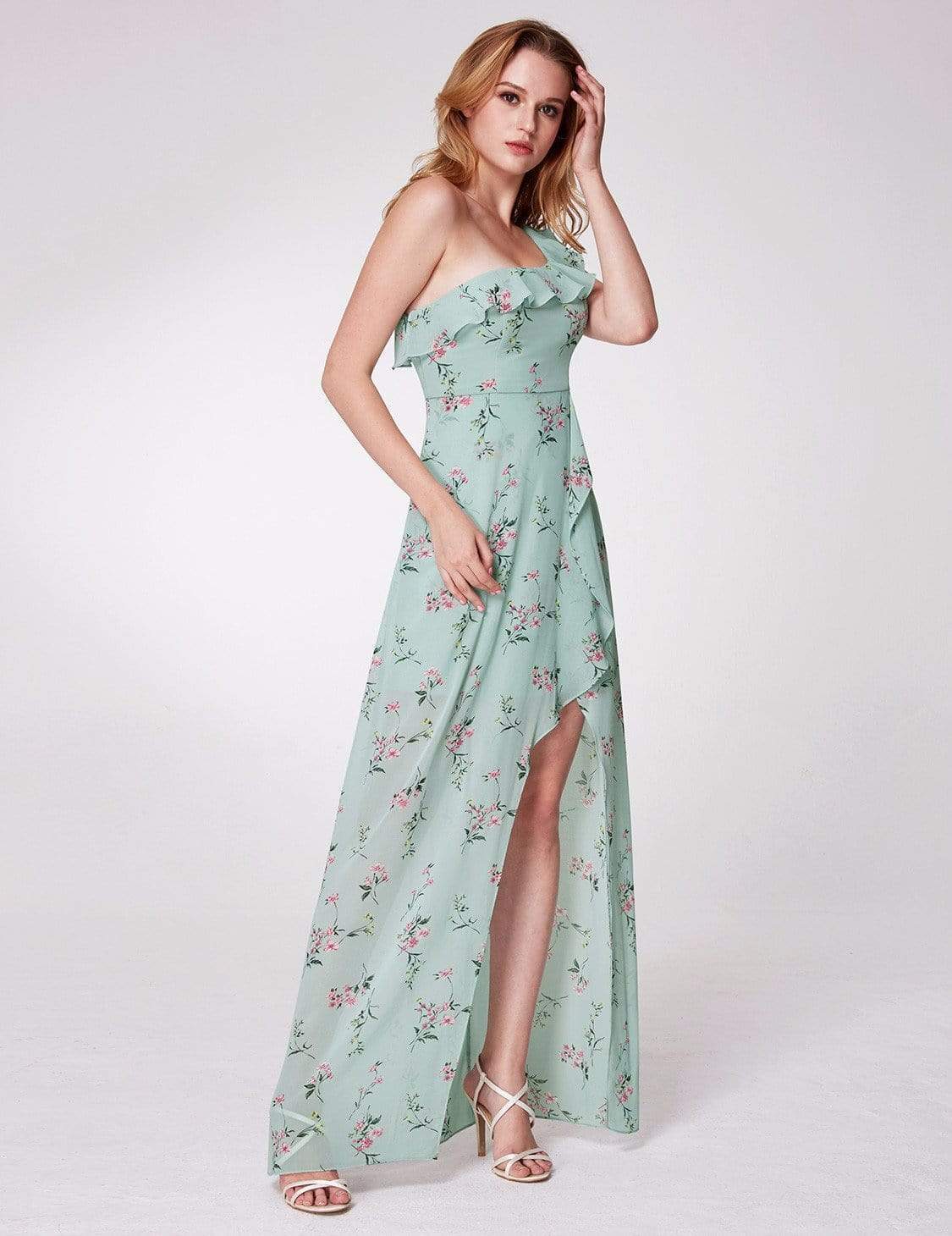 Color=Mint Green | One Shoulder Floral Print High Low Dress-Mint Green 6 Color=Mint Green | One Shoulder Floral Print High Low Dress-Mint Green 6