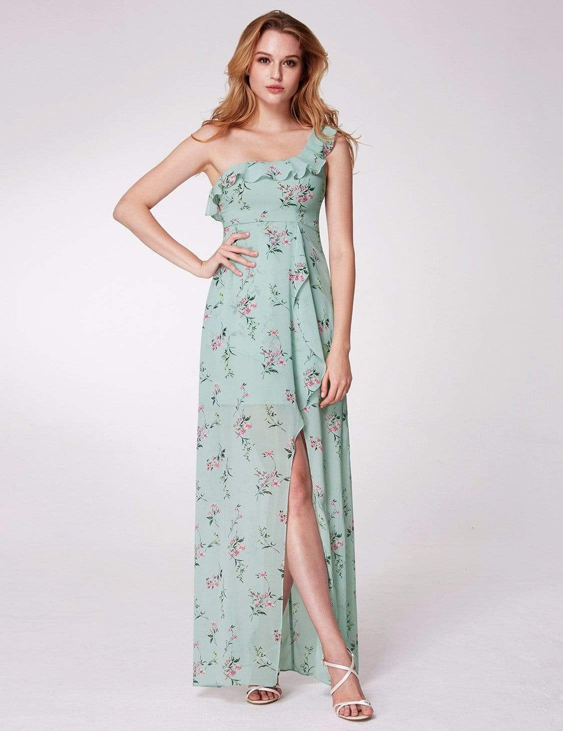 Color=Mint Green | One Shoulder Floral Print High Low Dress-Mint Green 3 Color=Mint Green | One Shoulder Floral Print High Low Dress-Mint Green 3