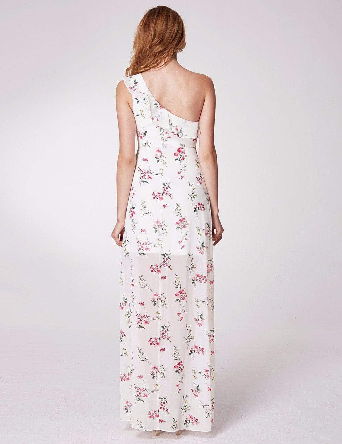 Color=White | One Shoulder Floral Print High Low Dress-White 5 Color=White | One Shoulder Floral Print High Low Dress-White 5