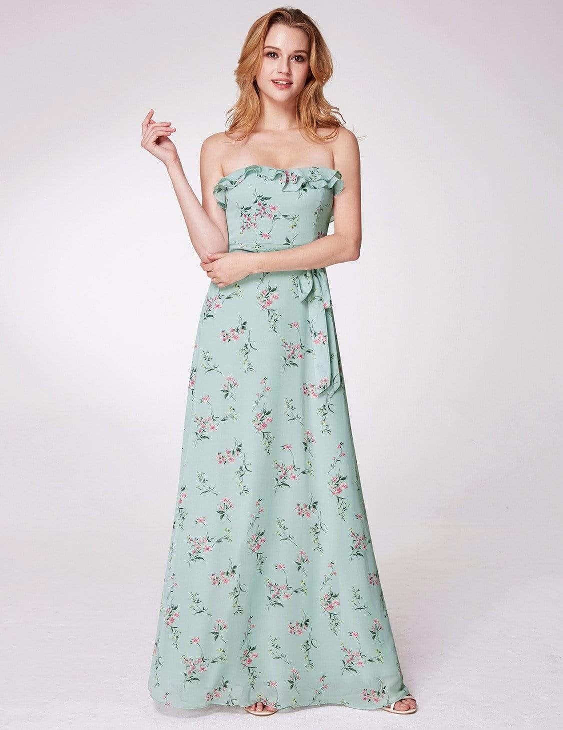 Color=Mint Green | Strapless Ruffles Floral Print Maxi Dress-Mint Green 7 Color=Mint Green | Strapless Ruffles Floral Print Maxi Dress-Mint Green 7