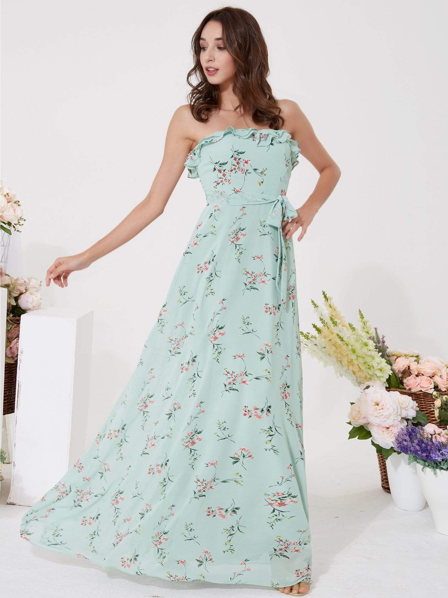 Color=Mint Green | Strapless Ruffles Floral Print Maxi Dress-Mint Green 2 Color=Mint Green | Strapless Ruffles Floral Print Maxi Dress-Mint Green 2