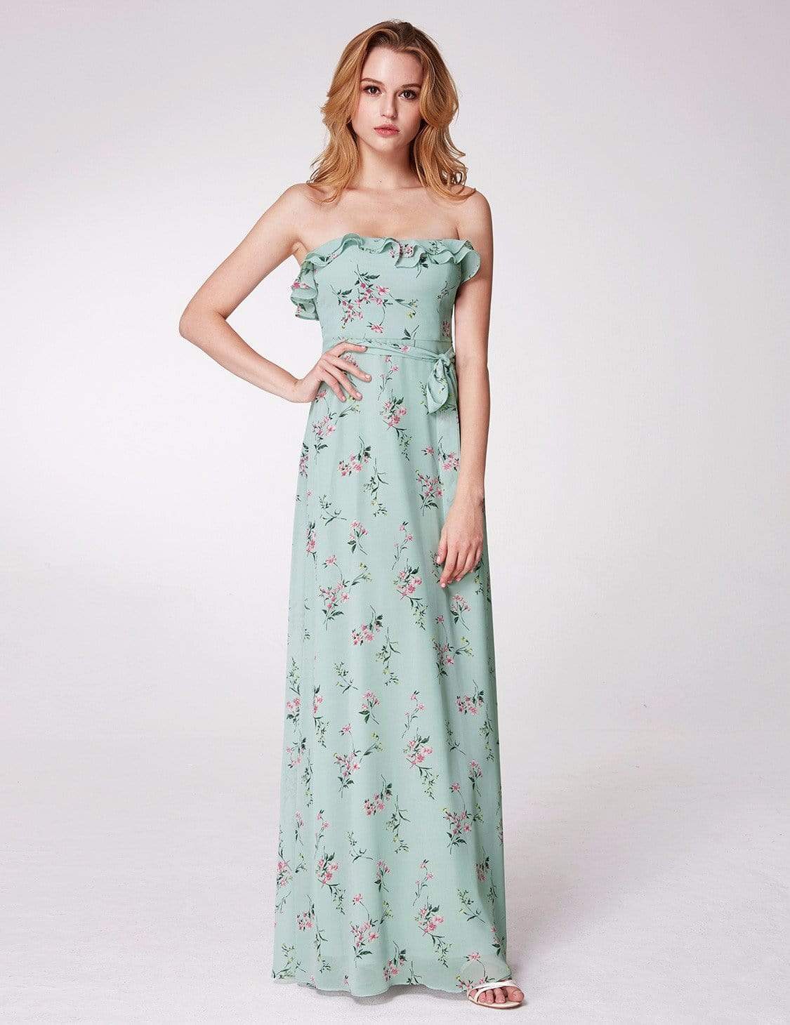 Color=Mint Green | Strapless Ruffles Floral Print Maxi Dress-Mint Green 5 Color=Mint Green | Strapless Ruffles Floral Print Maxi Dress-Mint Green 5