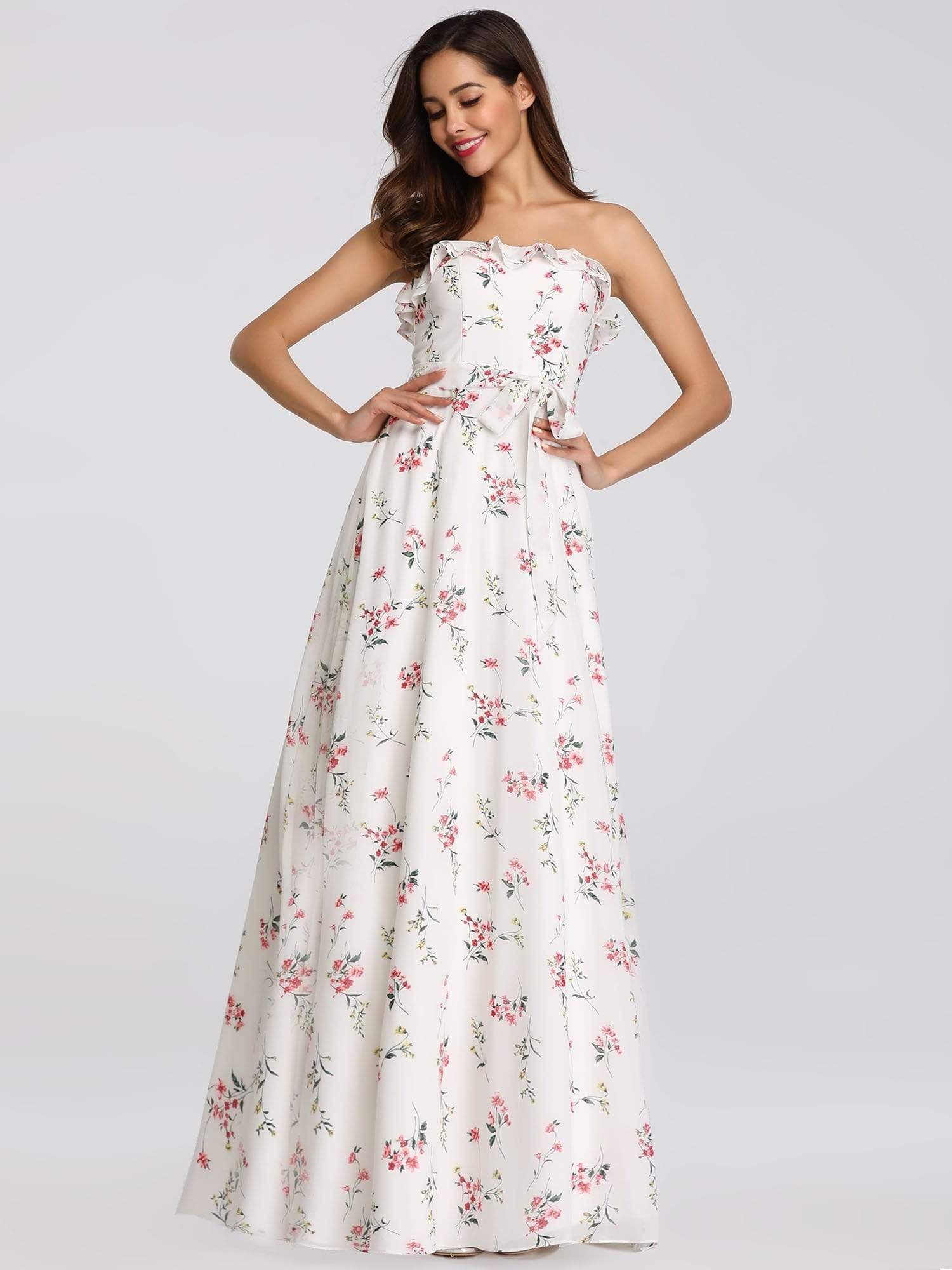 Color=White | Strapless Ruffles Floral Print Maxi Dress-White 4 Color=White | Strapless Ruffles Floral Print Maxi Dress-White 4