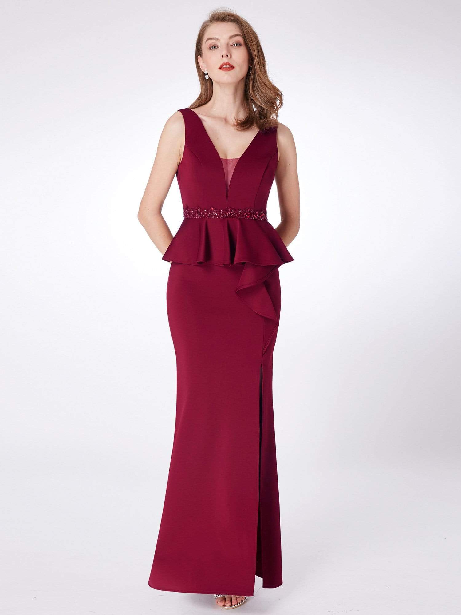 Color=Burgundy | Floor Length Peplum Evening Dress With Thigh High Slit-Burgundy 5 Color=Burgundy | Floor Length Peplum Evening Dress With Thigh High Slit-Burgundy 5
