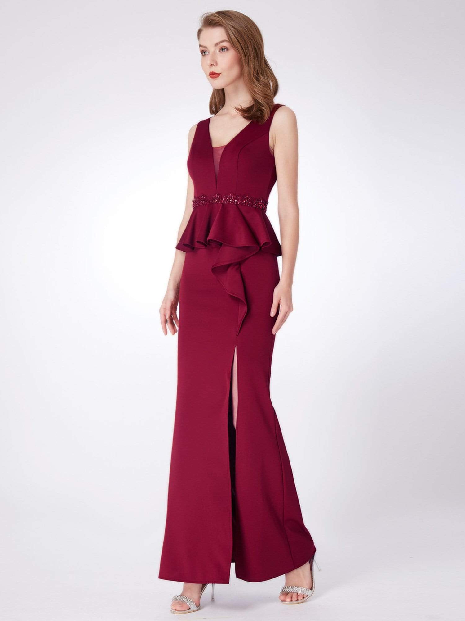 Color=Burgundy | Floor Length Peplum Evening Dress With Thigh High Slit-Burgundy 6 Color=Burgundy | Floor Length Peplum Evening Dress With Thigh High Slit-Burgundy 6