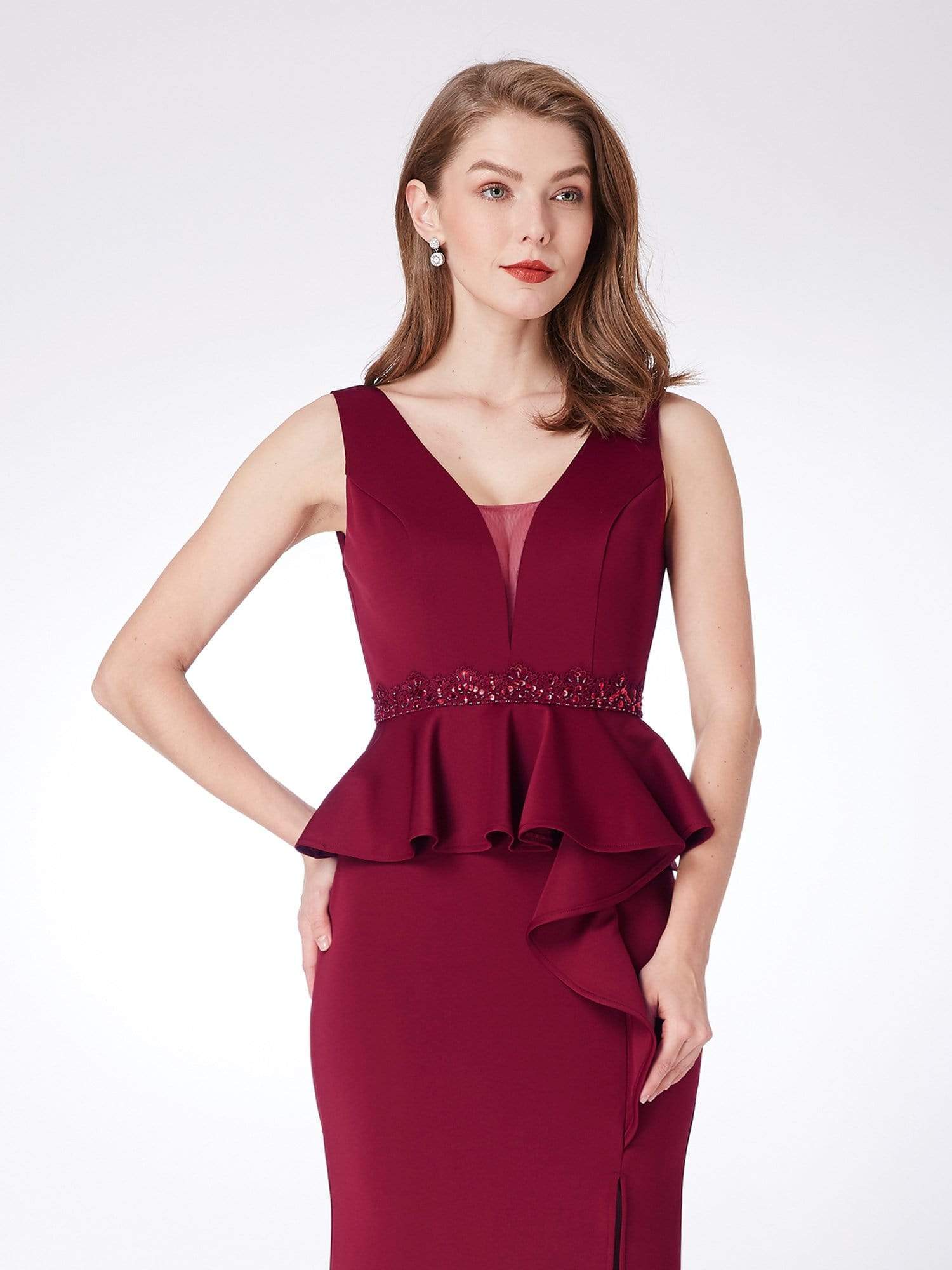 Color=Burgundy | Floor Length Peplum Evening Dress With Thigh High Slit-Burgundy 7 Color=Burgundy | Floor Length Peplum Evening Dress With Thigh High Slit-Burgundy 7