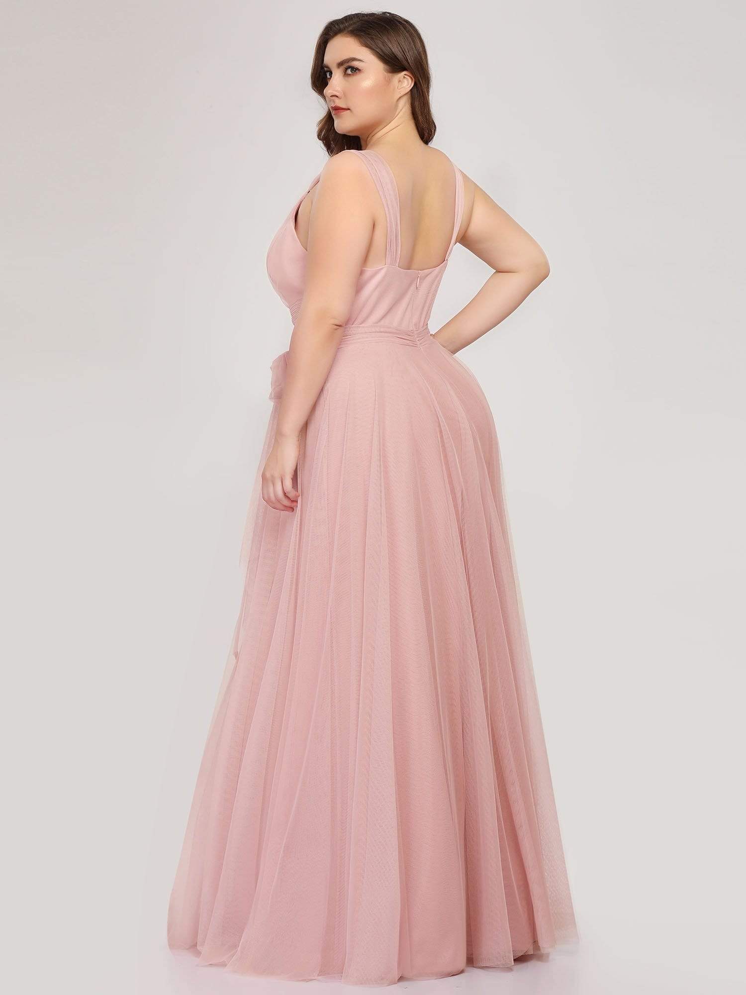 COLOR=Blush | Maxi Long Double V Neck Plus Size Tulle Bridesmaid Dresses-Blush 2 COLOR=Blush | Maxi Long Double V Neck Plus Size Tulle Bridesmaid Dresses-Blush 2
