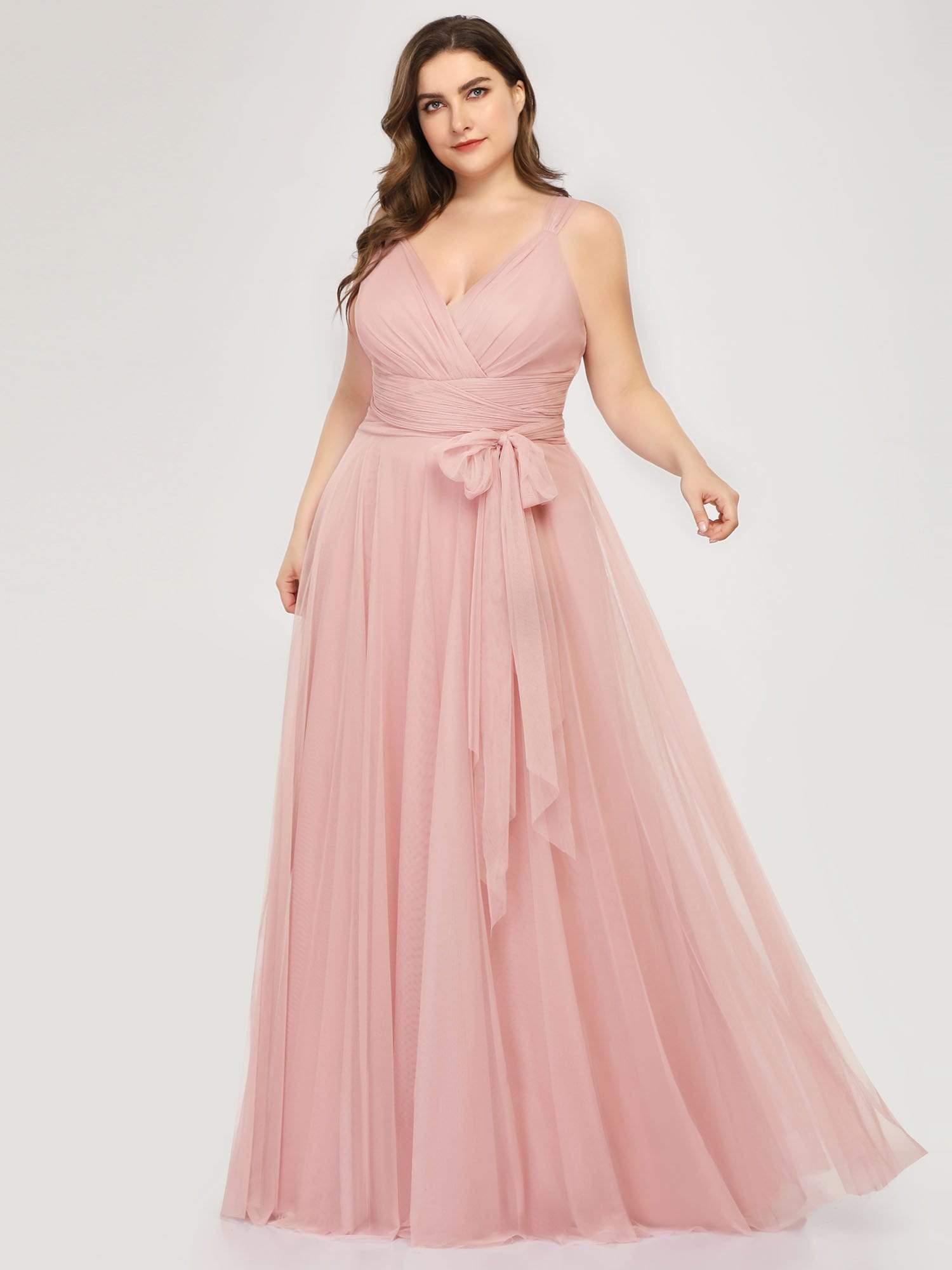 COLOR=Blush | Maxi Long Double V Neck Plus Size Tulle Bridesmaid Dresses-Blush 1