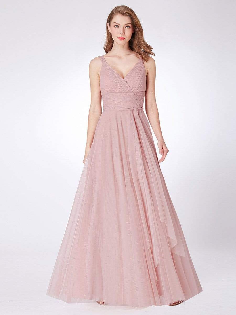 COLOR=Blush | Floor Length V Neck Evening Gown-Blush 4 COLOR=Blush | Floor Length V Neck Evening Gown-Blush 4