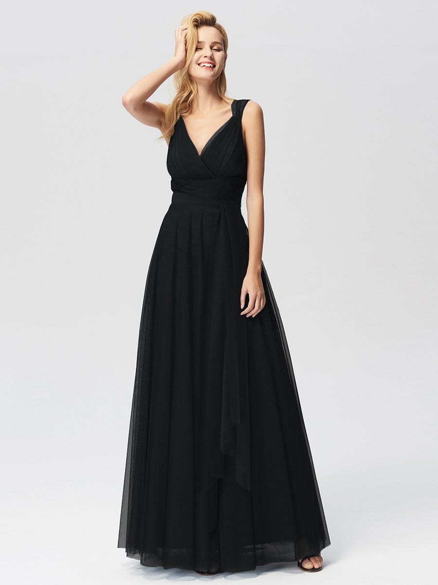 COLOR=Black | Floor Length V Neck Evening Gown-Black 1