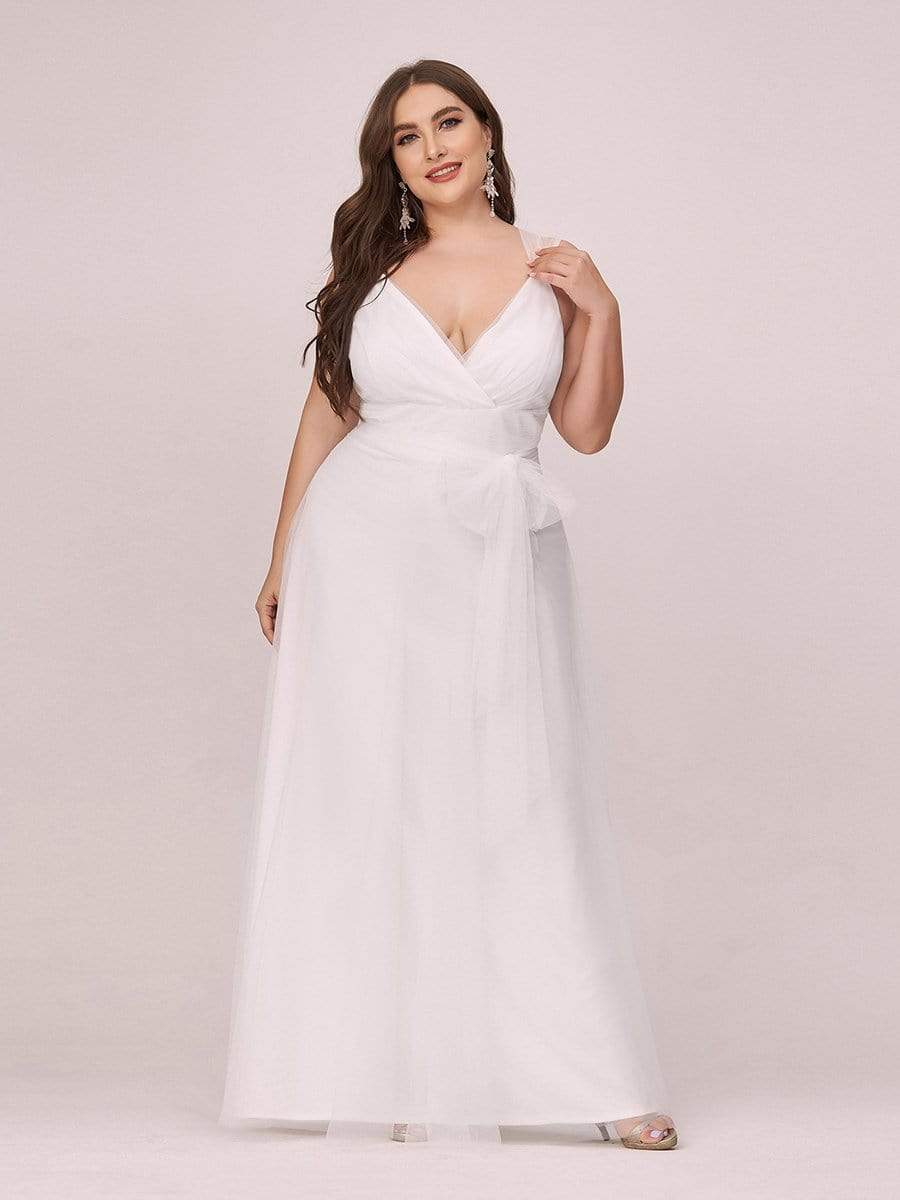 COLOR=Cream | Maxi Long Double V Neck Plus Size Tulle Bridesmaid Dresses-Cream 4 COLOR=Cream | Maxi Long Double V Neck Plus Size Tulle Bridesmaid Dresses-Cream 4