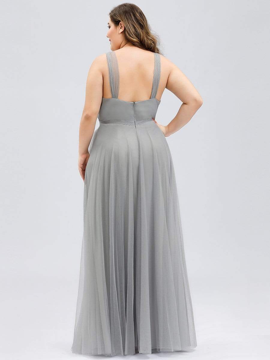 Color=Grey | Maxi Long Double V Neck Plus Size Tulle Bridesmaid Dresses-Grey 3