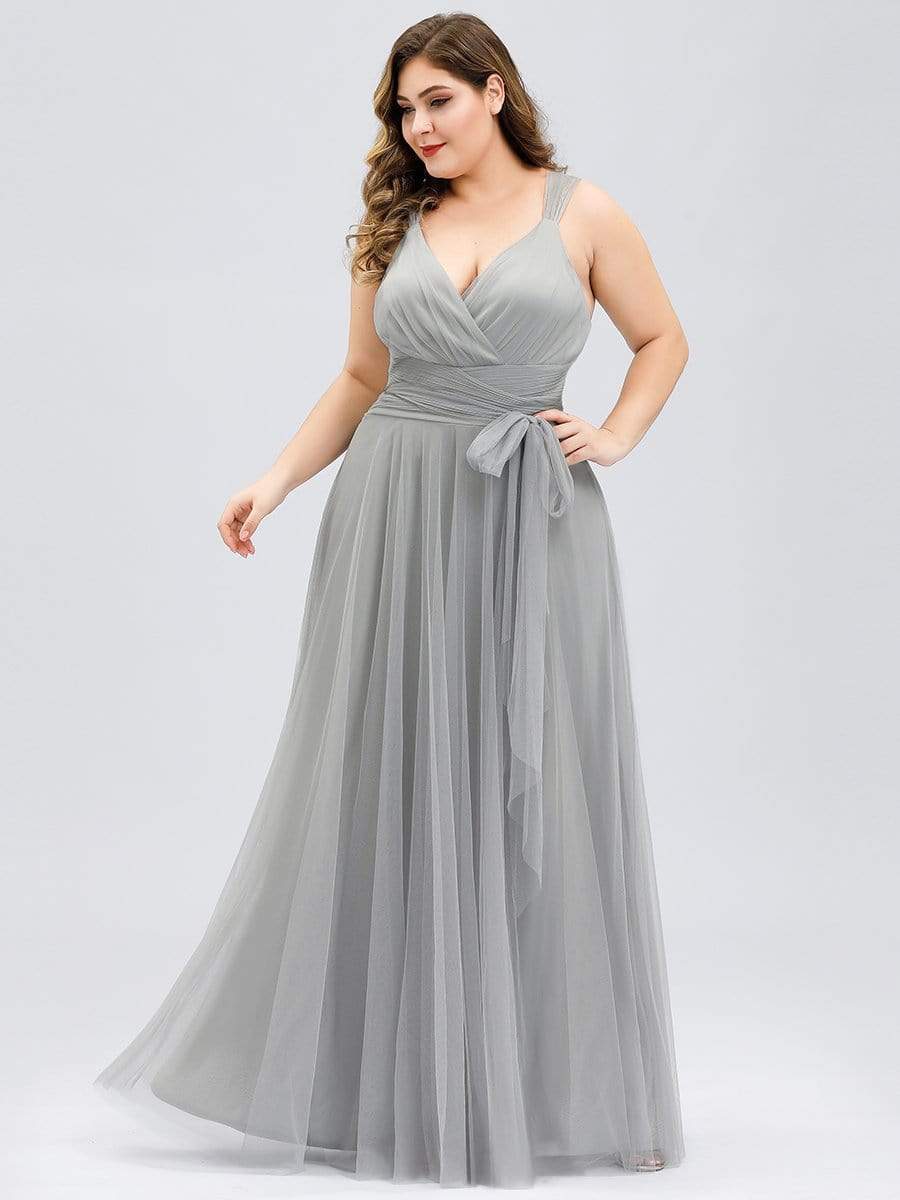 Color=Grey | Maxi Long Double V Neck Plus Size Tulle Bridesmaid Dresses-Grey 1 Color=Grey | Maxi Long Double V Neck Plus Size Tulle Bridesmaid Dresses-Grey 1