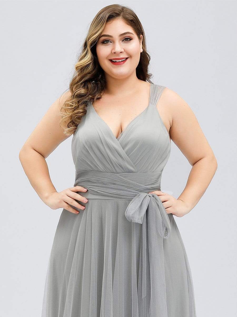 Color=Grey | Maxi Long Double V Neck Plus Size Tulle Bridesmaid Dresses-Grey 5 Color=Grey | Maxi Long Double V Neck Plus Size Tulle Bridesmaid Dresses-Grey 5