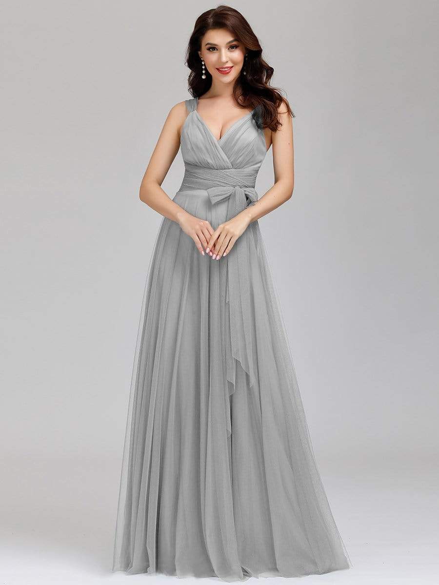COLOR=Grey | Floor Length V Neck Evening Gown-Grey 9 COLOR=Grey | Floor Length V Neck Evening Gown-Grey 9