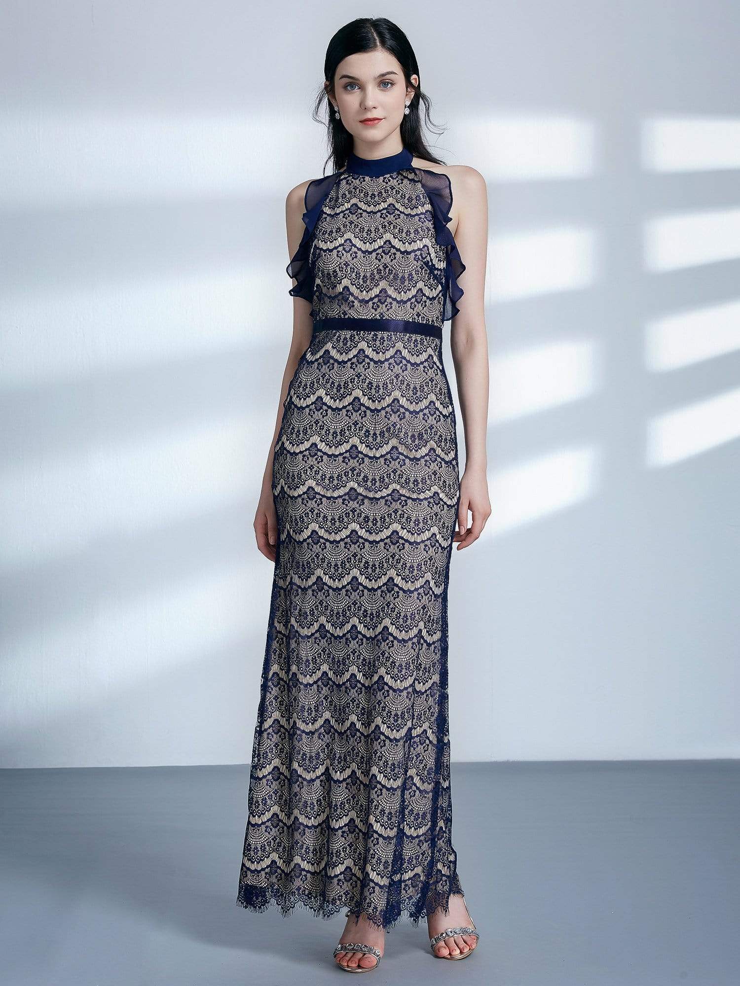 Color=Navy Blue | Halter Neck Long Lace Evening Dress-Navy Blue 6 Color=Navy Blue | Halter Neck Long Lace Evening Dress-Navy Blue 6