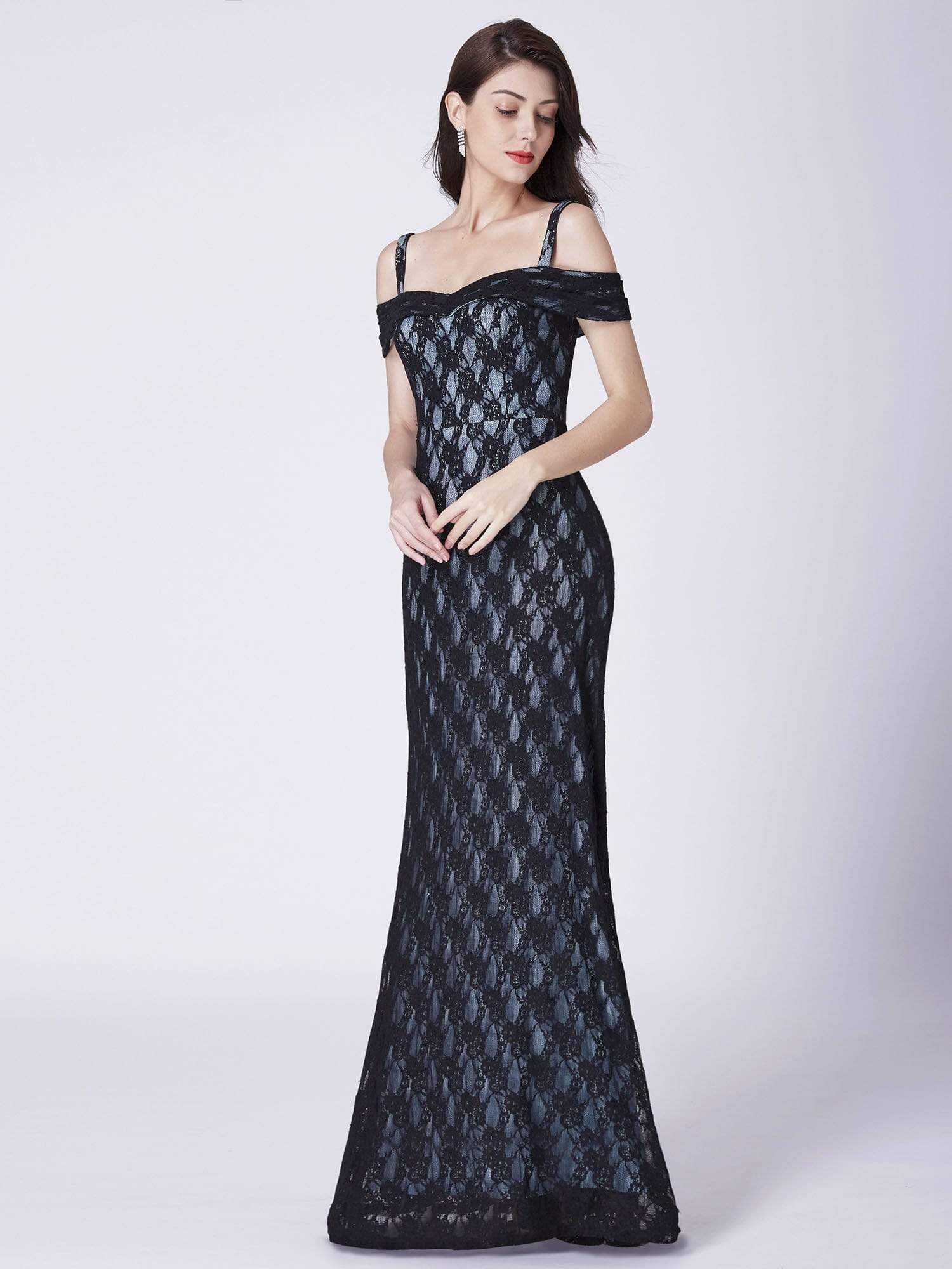 Color=Black | Long Lace Off Shoulder Evening Dress-Black 4 Color=Black | Long Lace Off Shoulder Evening Dress-Black 4