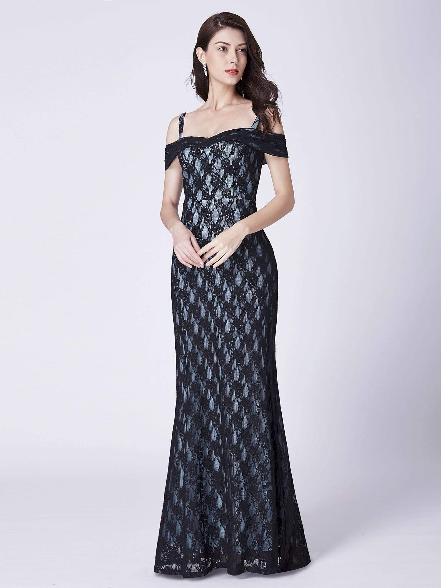 Color=Black | Long Lace Off Shoulder Evening Dress-Black 5 Color=Black | Long Lace Off Shoulder Evening Dress-Black 5