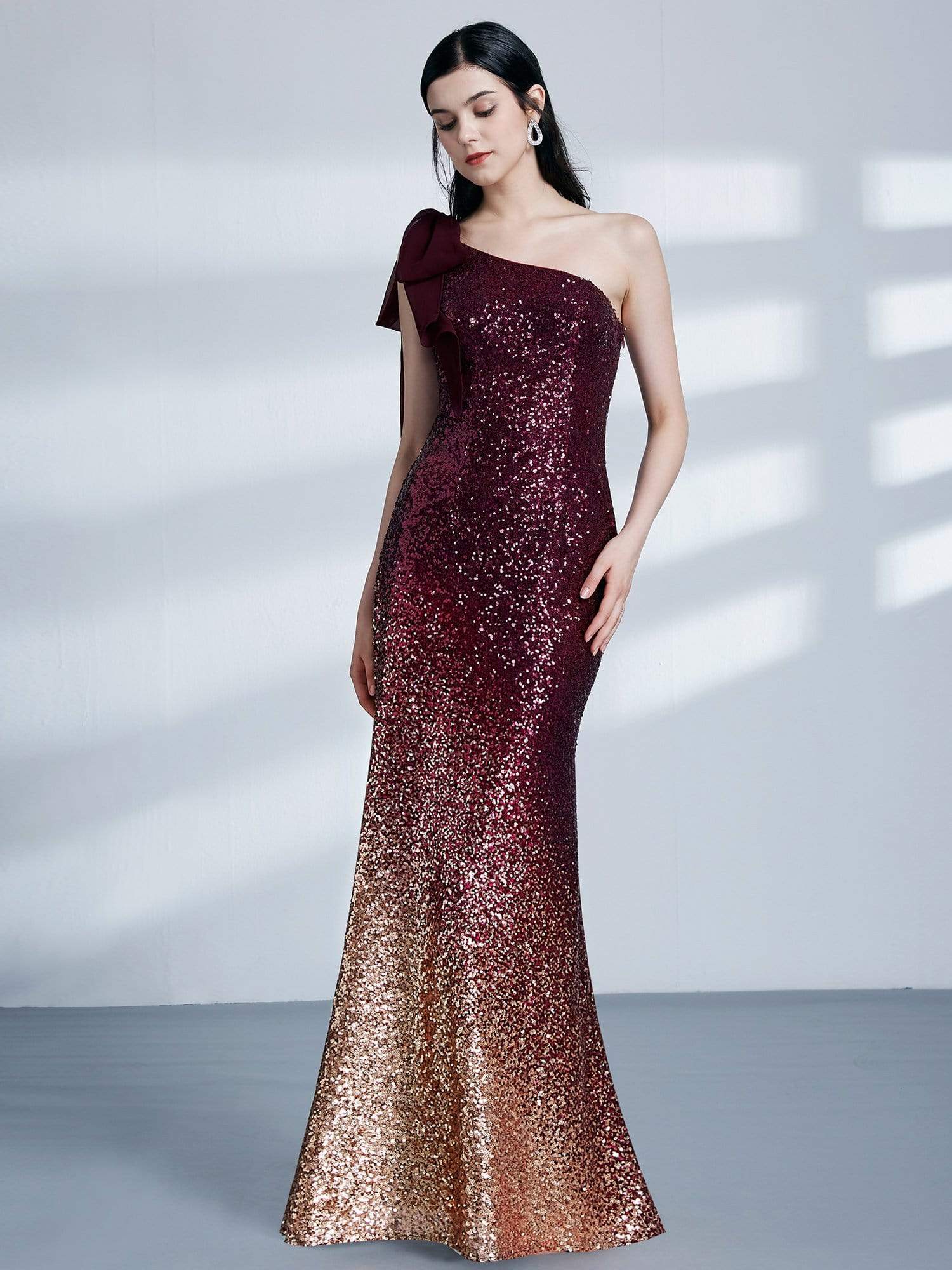 Color=Burgundy | Long One Shoulder Sequin Evening Dress-Burgundy 3 Color=Burgundy | Long One Shoulder Sequin Evening Dress-Burgundy 3