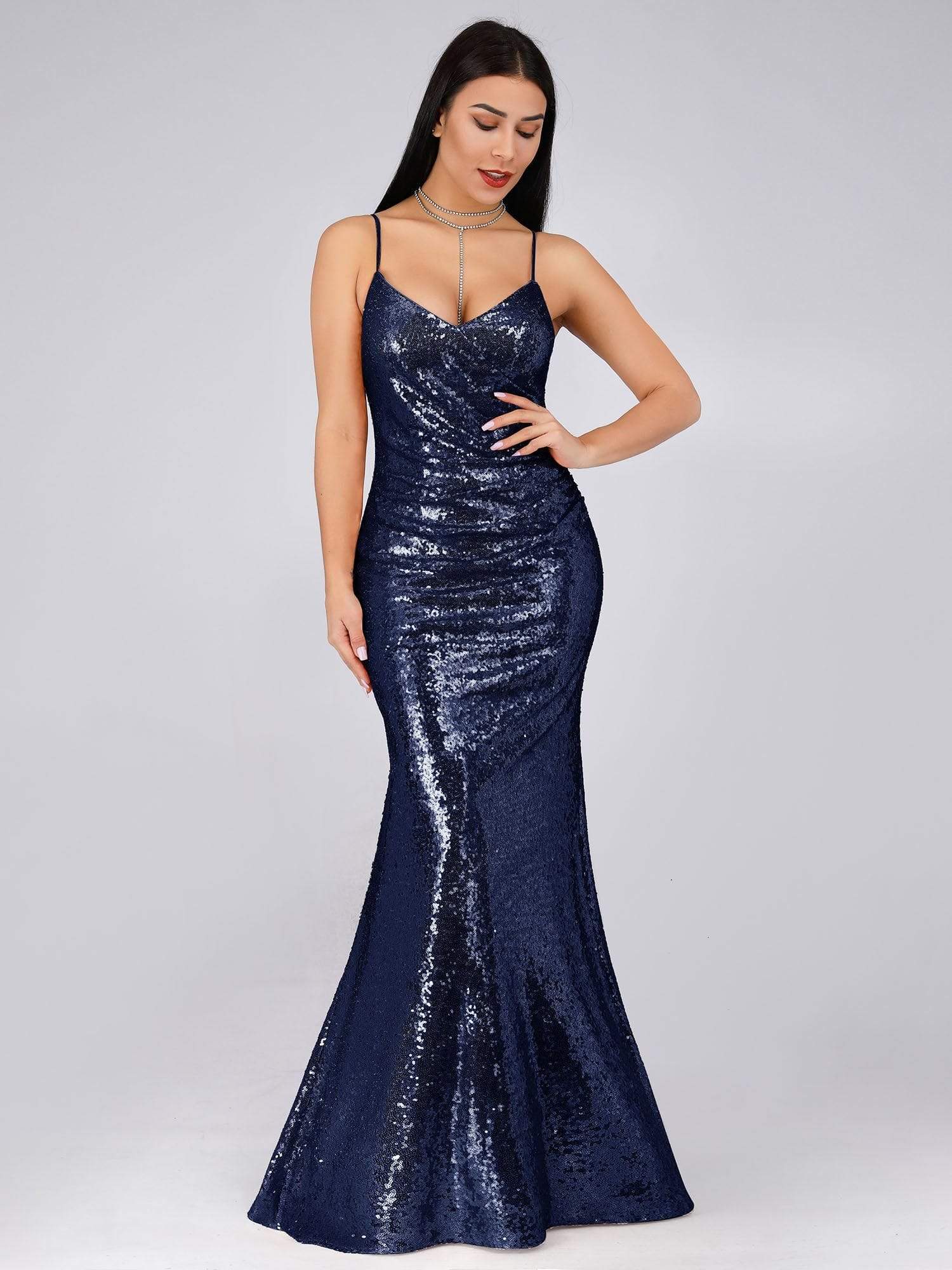 COLOR=Navy Blue | Sexy Sequin Evening Gown-Navy Blue 4