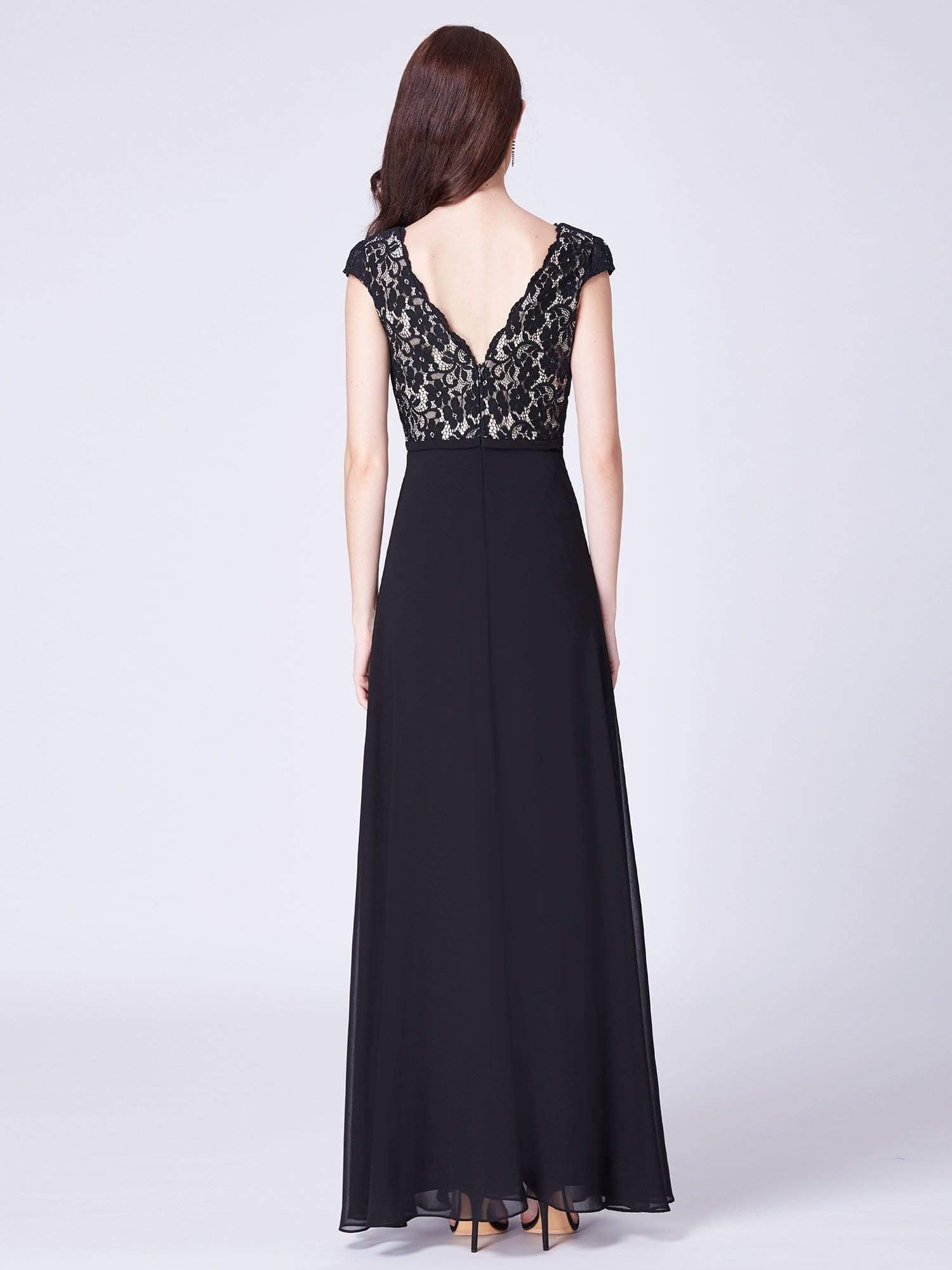 COLOR=Black | Long Evening Dress With Lace Bust-Black 2 COLOR=Black | Long Evening Dress With Lace Bust-Black 2
