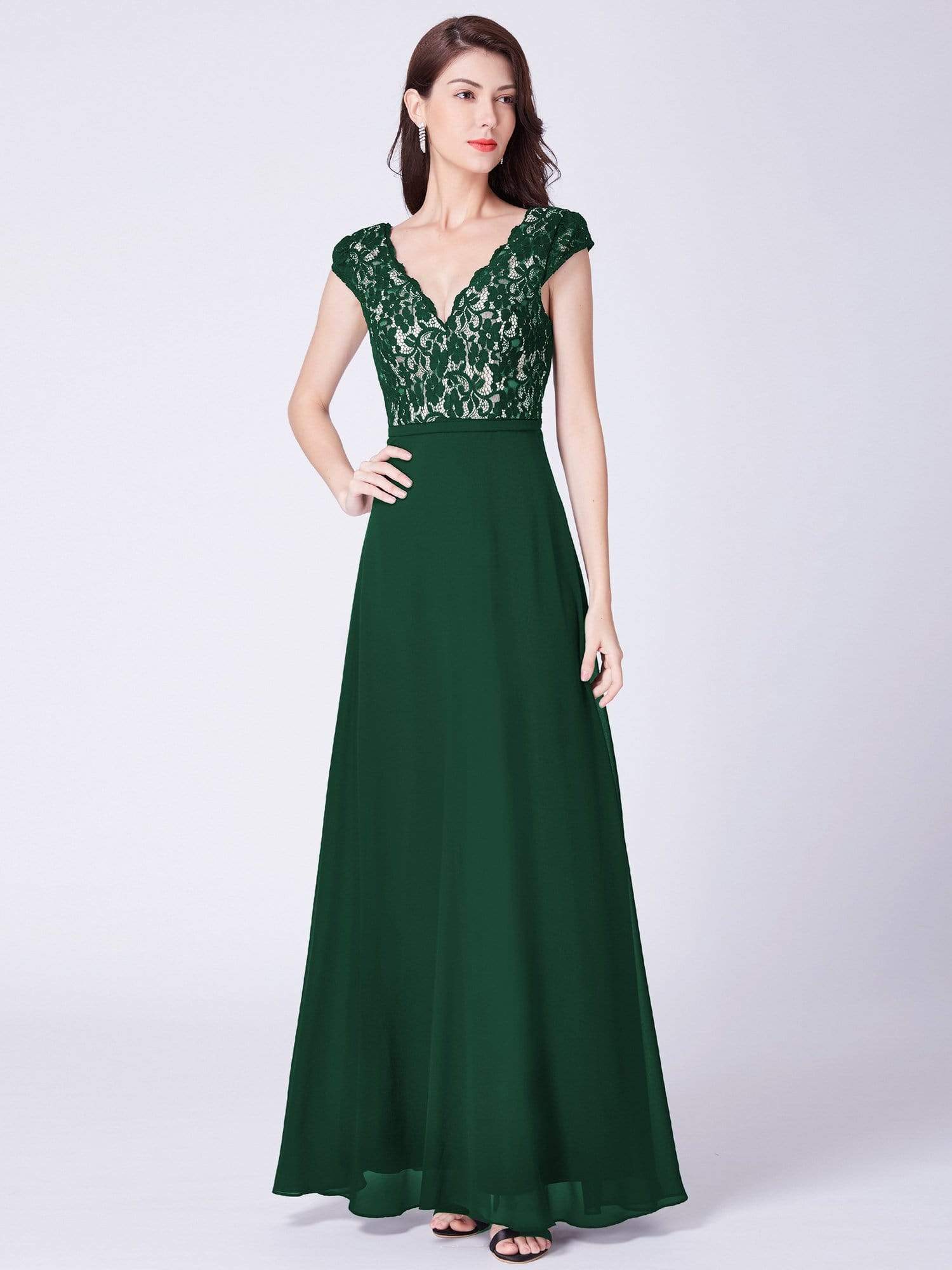 COLOR=Dark Green | Long Evening Dress With Lace Bust-Dark Green 4 COLOR=Dark Green | Long Evening Dress With Lace Bust-Dark Green 4